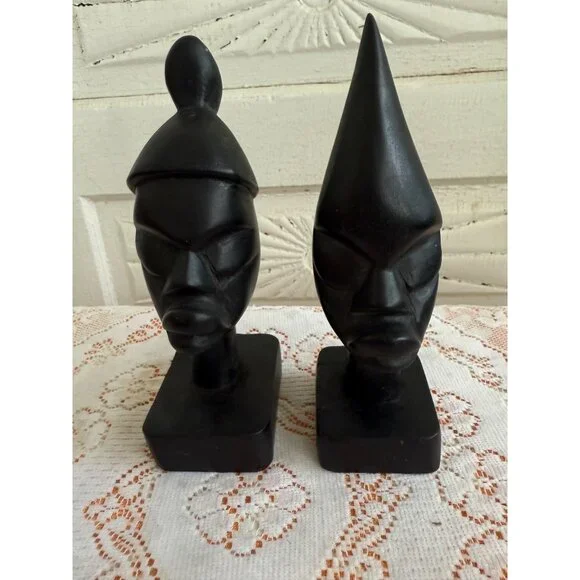 Vintage MCM Pair of Carved Ebony wood African Busts - Picture 9 of 9